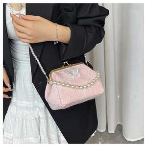 Pink fabric clasp bag with 3D butterfly embroidery and elegant pearl shoulder strap