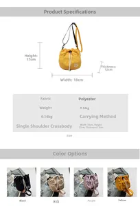 Detailed size chart and multi-color options for the minimalist drawstring bucket bag