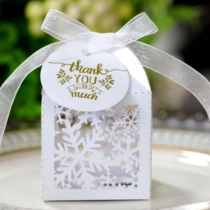 White pearlescent hollow gift box with snowflake cutout and organza ribbon bow