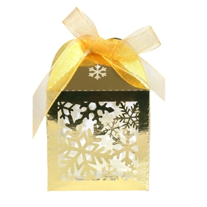 Golden snowflake cutout favor box with a satin ribbon bow for wedding and Christmas party
