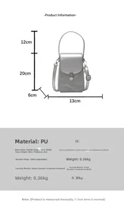 Tableau des tailles détaillé avec dimensions du petit sac bandoulière en cuir PU argenté