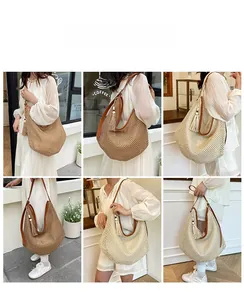 Collage of large woven straw tote bags with leather straps and tassels in a cafe setting