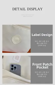 Details einer minimalistischen Nylontasche mit Logo-Patch und großer Fronttasche für Handys