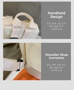 Details des cremefarbenen Nylon-Rucksacks mit verstärktem Griff und robustem D-Ring-Halter