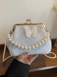 Women Vintage Butterfly Embroidery Crossbody Bag With Artificial Pearl Straps Fabric Kiss Lock Handbag Elegant Wedding Party Clutch
