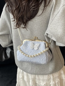 Light blue pleated frame bag with butterfly embroidery and pearl shoulder strap on model