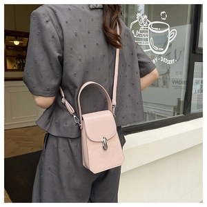 Détail d'un petit sac à main rose clair avec fermoir argenté et texture en cuir