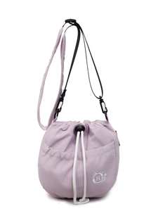 Minimalist light purple drawstring bucket bag for women with cat logo and adjustable strap