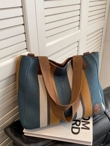 Women Large Capacity Stripe Tote Bag PU Leather Logo Minimalist Shoulder Bag Casual Commute Handbag College Student Travel Top-Handle Bag
