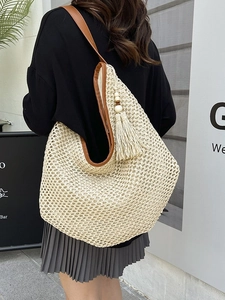 Handmade Large Straw Woven Tote Bag For Women Bohemian Style Shoulder Bag With Tassel Leather Strap Summer Beach Vacation