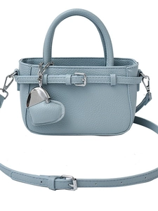 Elegant light blue lychee pattern mini handbag with silver heart charm and crossbody strap