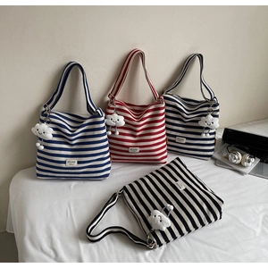 Striped canvas tote bags in four colors with cute cloud pendants and laptop accessories