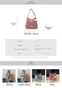 Detailed dimension guide for striped canvas tote bag showing 30x30x10cm size specs