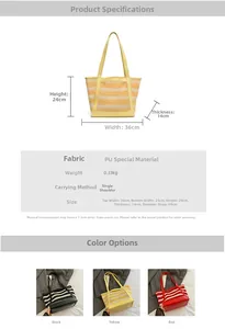 Detailed size chart for striped mesh tote bag with PU leather specs and dimensions