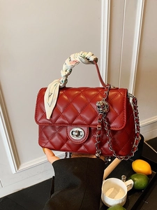 Fashion Women Quilted Small Square Bag PU Leather Chain Shoulder Bag With Silk Scarf Handle Decoration Elegant Crossbody Bag