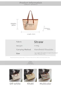 Detailed size chart for the large straw tote bag with dimensions and weight specs