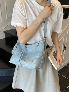 Trendige Damen Strass PU Leder Tote Tasche Denim Textur Umhängetasche M Charm Mutter-Kind-Tasche Große Kapazität Handtasche