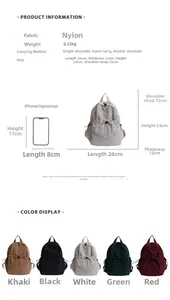 Detailed size comparison of nylon backpack with iPhone 16 Pro Max and five color options