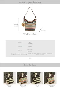 Detailed sizing chart and specifications for the straw stripe tote bag and accessories