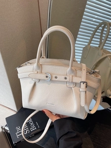 Creamy white lychee texture leather tote bag with stylish top handle and long strap