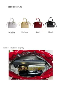 Detail of glossy bucket bags in four colors with drawstring closure and interior space