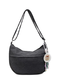 Dark grey canvas crescent hobo bag with adjustable strap and capybara charm