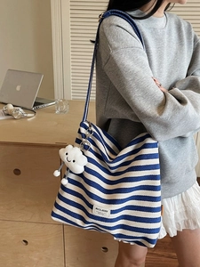 Large blue striped canvas tote bag with cloud pendant for casual school and daily use