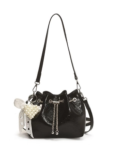 Chic black patent leather drawstring bucket bag with lace bow and pearl heart charm