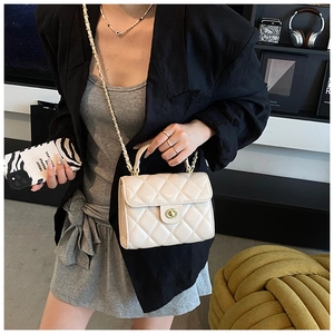 Detail of quilted beige chain bag with gold metal clasp and woven leather strap handle