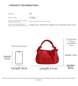 Size comparison of red cloud-pleated handbag with iPhone 16 Pro Max and detailed specs