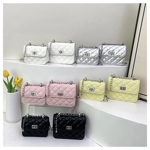 Quilted chain bags in five colors and two sizes featuring metal swivel locks and flap design