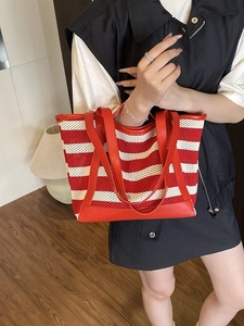 Lazy style striped tote bag with red leather handles and breathable mesh texture