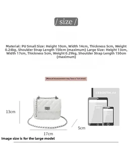 Size chart showing PU leather quilted crossbody bag dimensions with A4 size comparison