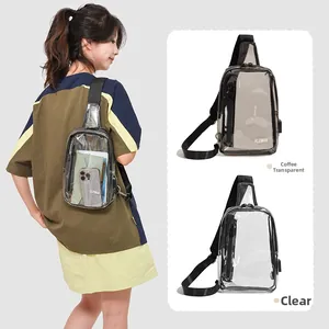 Detail showing transparent PVC chest bag in coffee and clear colors with USB port