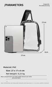 Detailed size chart of transparent PVC chest bag showing 27x17x6cm dimensions