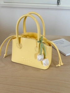 Women PU Leather Bucket Bag With Tulip Charm Letter Embossed Crossbody Handbag Korean Style Niche Mini Shoulder Bag