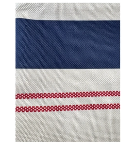Close-up of tricolor striped canvas fabric showing detailed red white blue weave texture