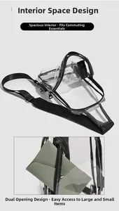 Detailed view of clear PVC crossbody bag with black trim and dual zipper openings
