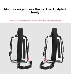 Detailed view of clear PVC chest bag showing dual metal hook points for adjustable straps