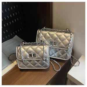 Detailed comparison of silver quilted chain bags in large and small sizes on wooden shelf