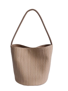 Chic light brown woven bucket bag for women with elegant V-shaped texture and slim strap