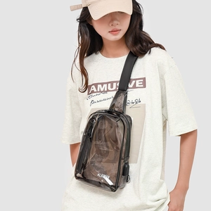 Detailed view of gray transparent PVC chest bag with USB port and adjustable black strap