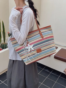 Women Large Capacity Woven Straw Tote Bag Fashion Rainbow Striped Shoulder Bag With Star Charm And Leather Handles