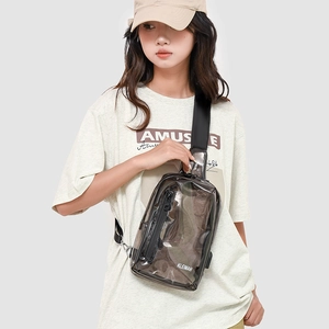 Detail view of transparent PVC crossbody chest bag with black strap and white lettering