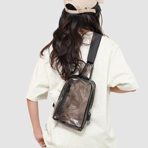 Rear view of a clear PVC crossbody chest bag with black trim and adjustable shoulder strap