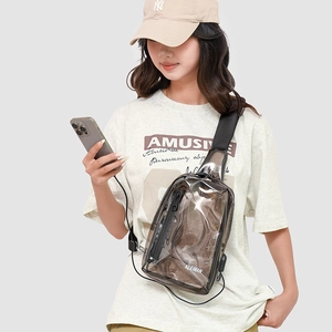 Detail of grey transparent chest bag showing external USB charging port and smartphone link