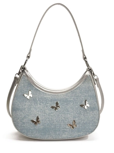 Borsa a mezzaluna in denim blu con farfalle argentate e dettagli in strass