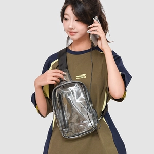 Detail view of transparent PVC crossbody bag featuring integrated external USB charging port