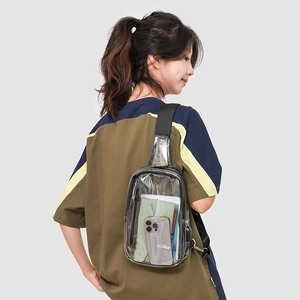 Detail of transparent PVC chest bag featuring a built-in USB port and adjustable strap