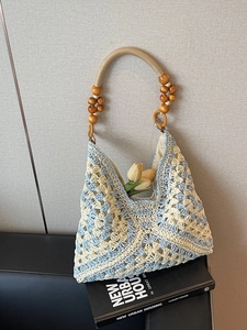 Woven Tote Bag For Women Summer Beach Vacation Bohemian Crochet Shoulder Bag With Wooden Beads Strap Hollow Out Handbag